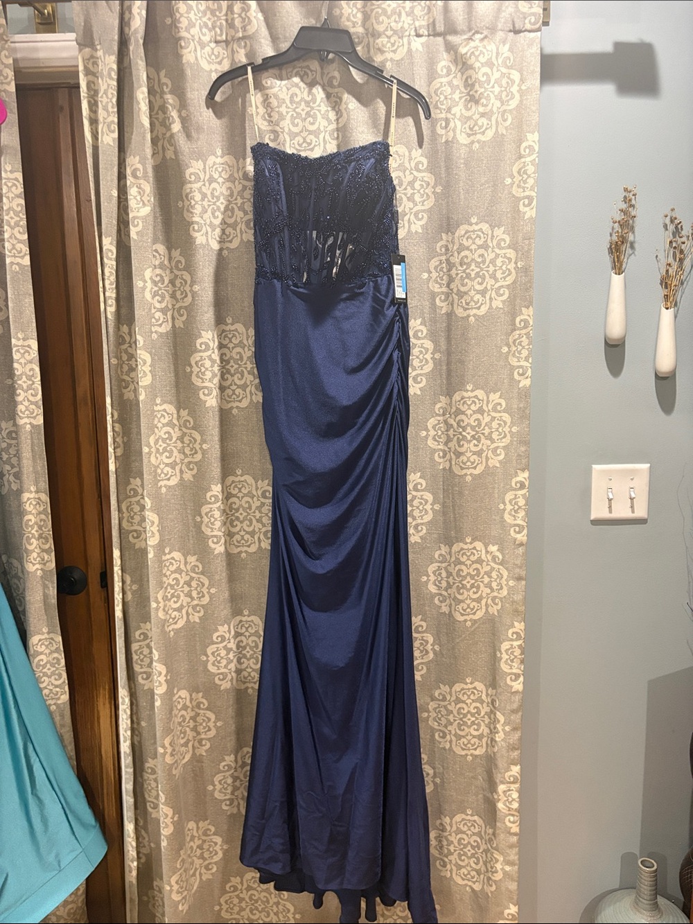 Faviana Navy Blue Beaded Strapless Prom Dress